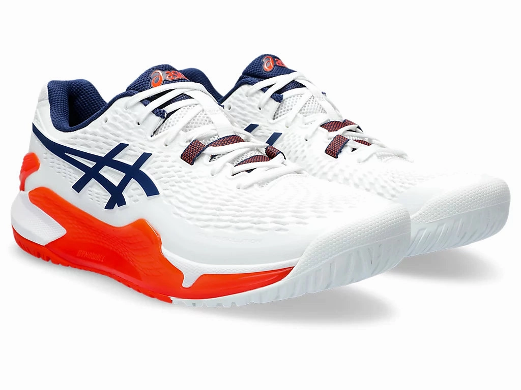 Asics Mens Gel Resolution 9 Wide-White/Blue Expanse (1041A376-102) Arkansas Razorback Tennis Shoes