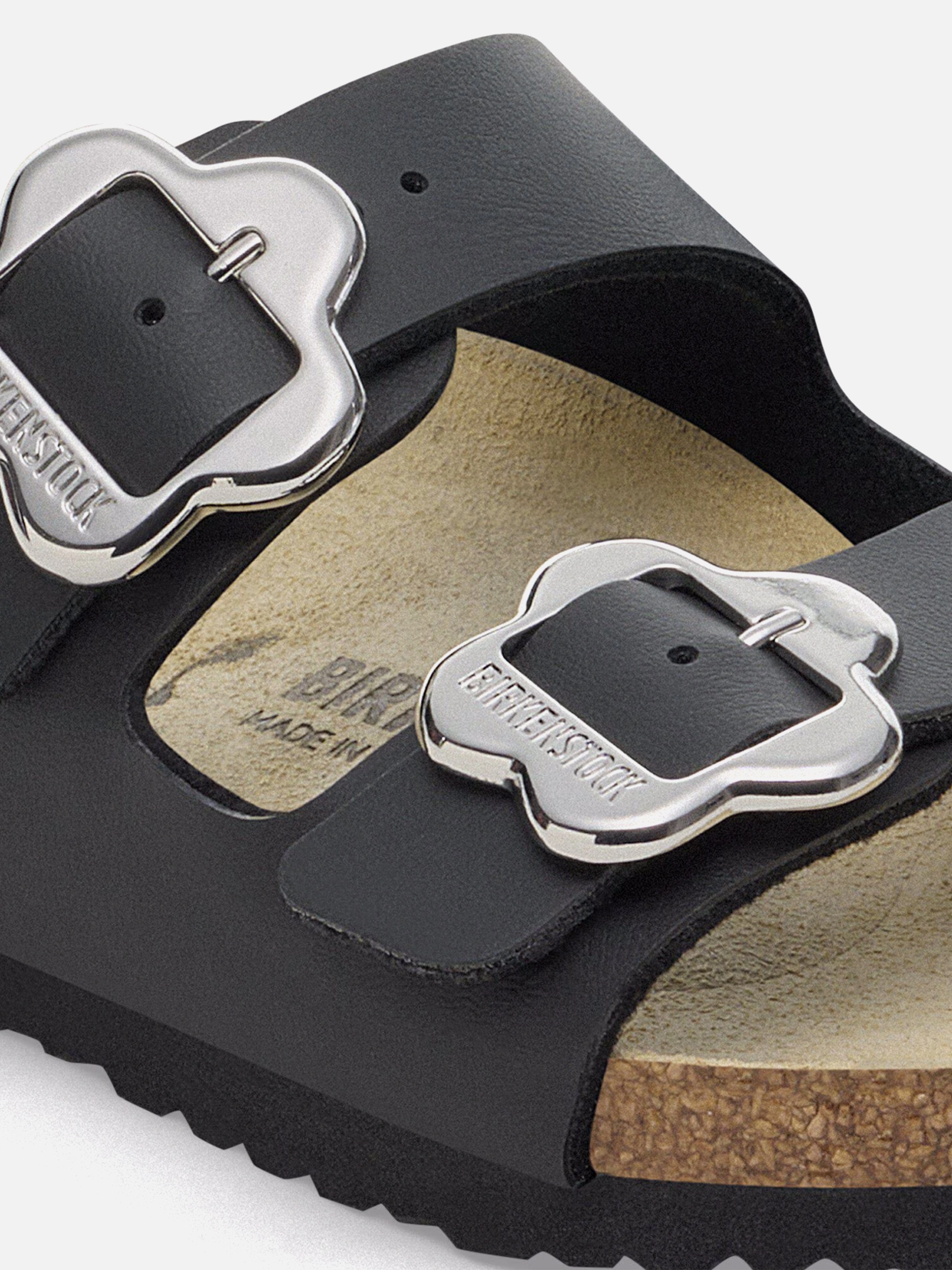 BIRKENSTOCK Girls Arizona Flower Buckle Sandals in Black Sustainable Sandals