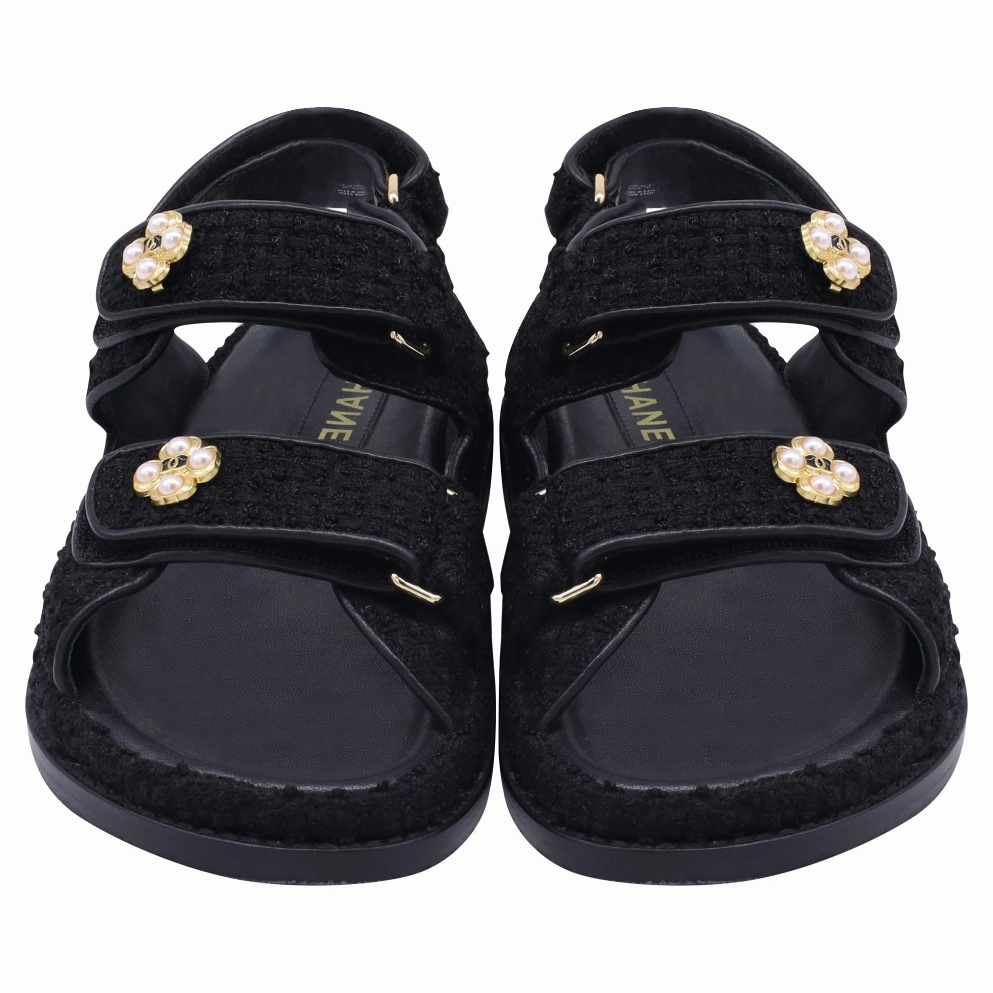 Chanel Velcro Dad Sandals in Black Tweed Wedge Heels Sandals
