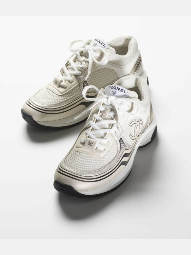 Sporting Goods Sneakers Women CC Logo Fabric Laminated Low Top Sneakers Silver Ivory Chanel