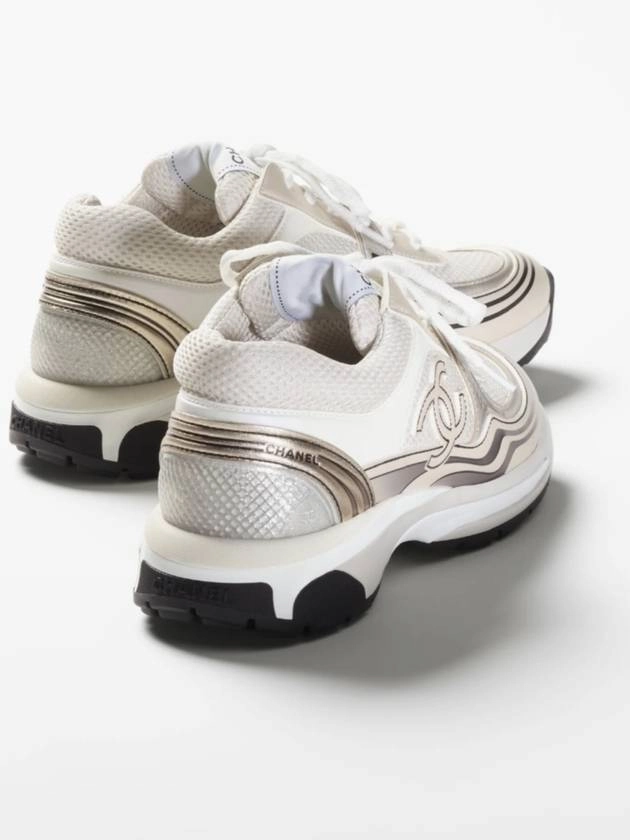 Women CC Logo Fabric Laminated Low Top Sneakers Silver Ivory Chanel Bling Sneakers Wedding