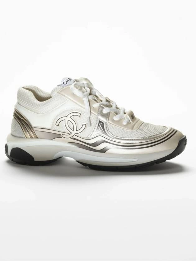 Women CC Logo Fabric Laminated Low Top Sneakers Silver Ivory Chanel Head Over Heels Sneakers