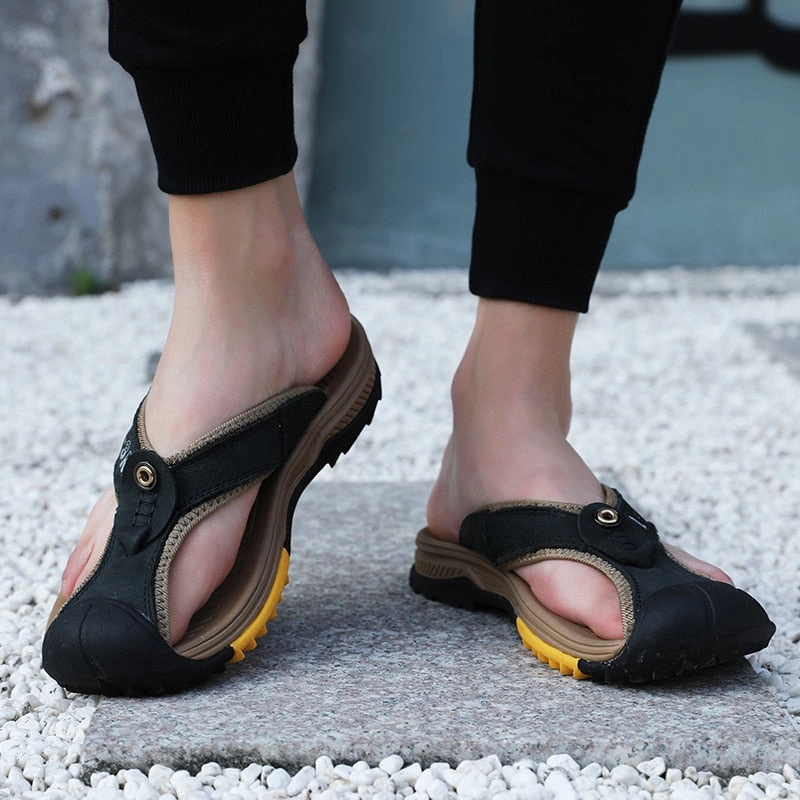 Genuine Cow Leather Men Sandals / Flip Flops massage design anti-slip / FREE-Shipping Sandals For Water