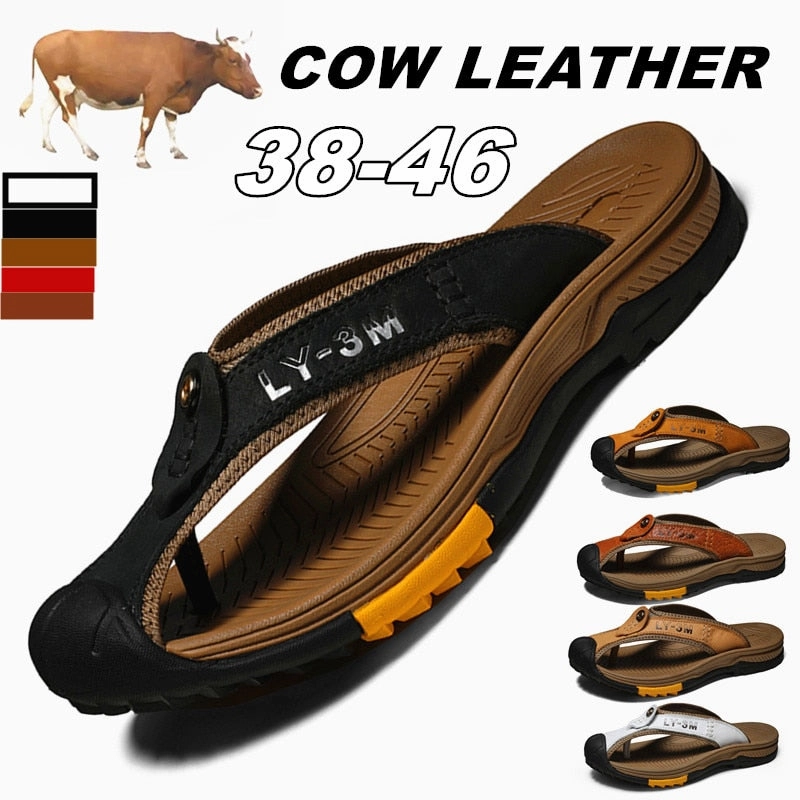 Genuine Cow Leather Men Sandals / Flip Flops massage design anti-slip / FREE-Shipping Bohemian Sandals