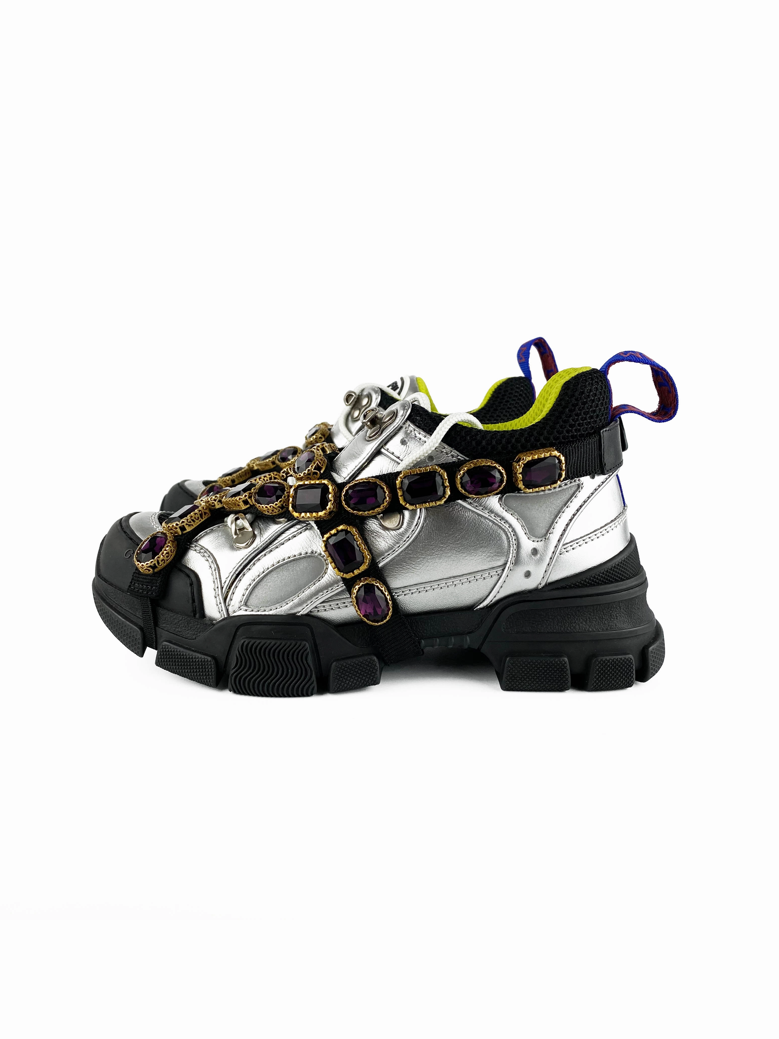 Sneakers Walk Gucci Silver Flashtrek Sneakers with Removable Crystals 36.5