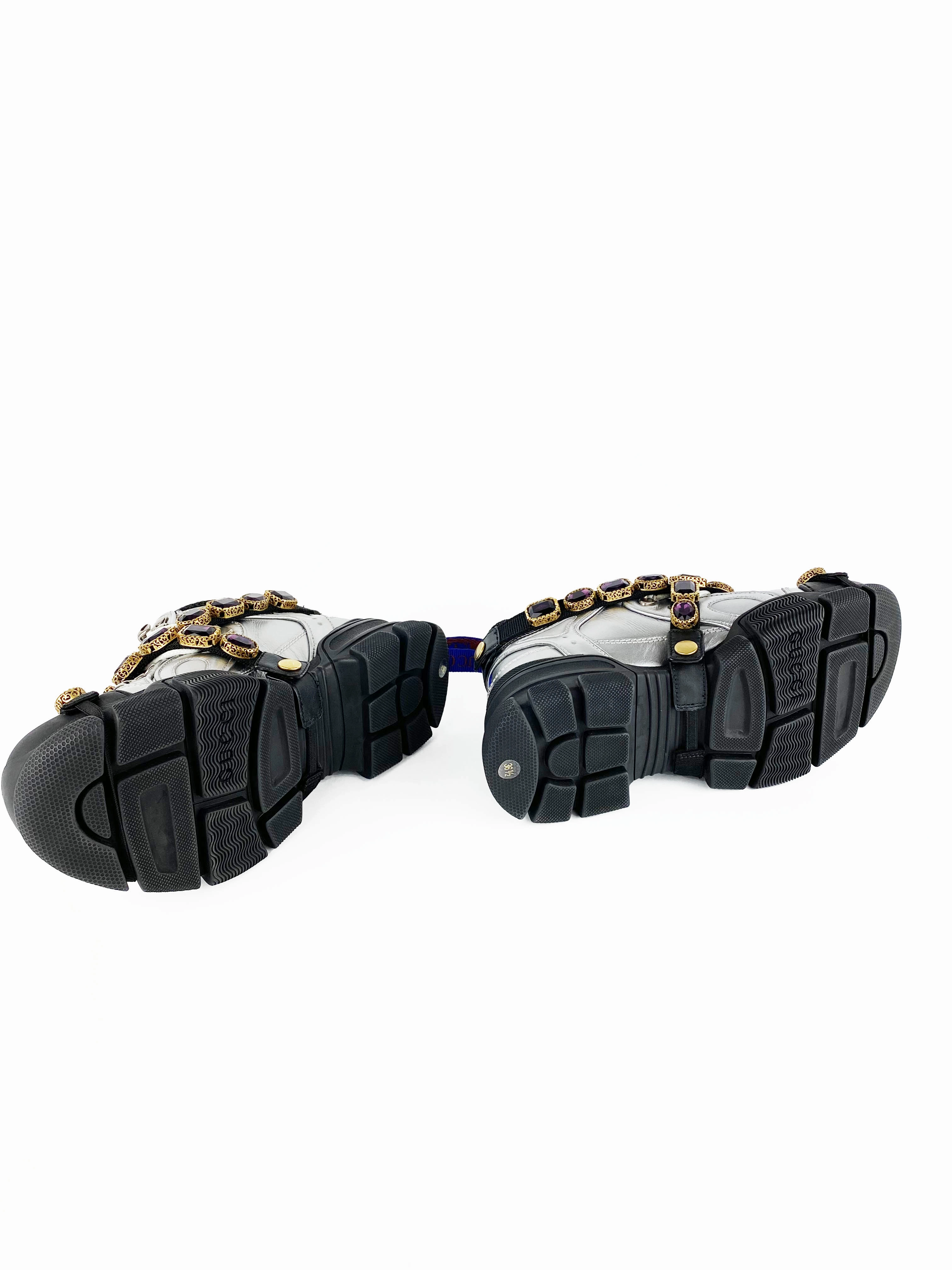 Italian Leather Sneakers Gucci Silver Flashtrek Sneakers with Removable Crystals 36.5