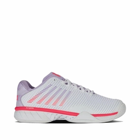 K-Swiss Women's Hypercourt Express 2 Court Sneaker in White/Orchid Petal/Neon Blaze Burgundy Tennis Shoes