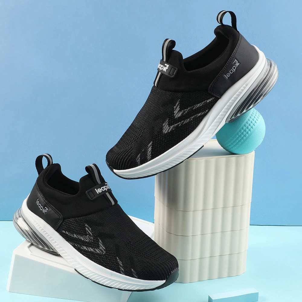 And Running Leap7x Black Sports Non Lacing Walking Shoes For Men BRISK-24 By Liberty
