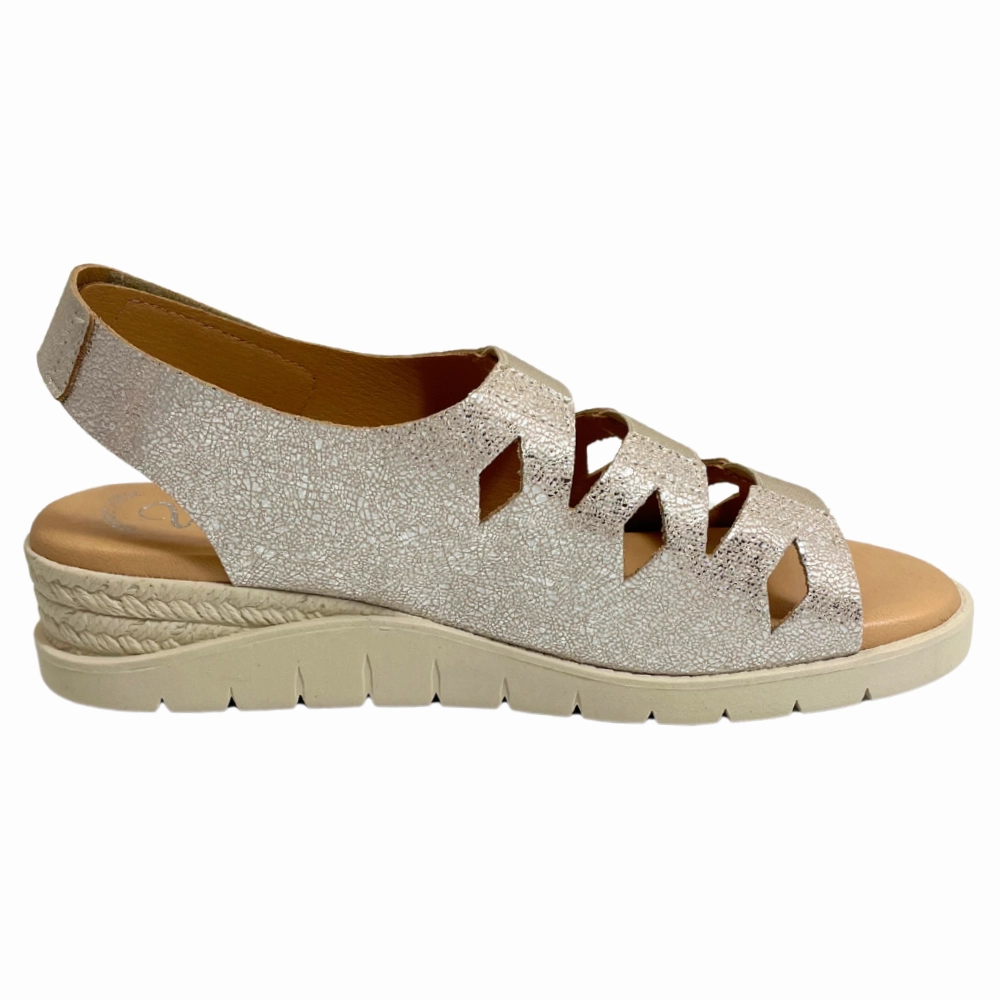 Valeria's Cecily Canvas Beige Soft Leather Sandal (Women's) Strappy Sandals Wedge Heel