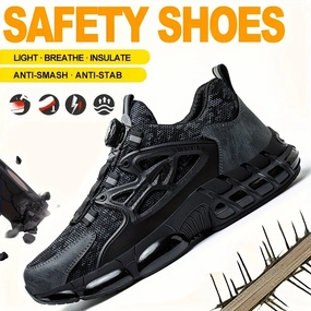 [Breathable Safety Sneakers] Breathable Safety Sneakers - Easy-Button No-Tie Lacing, Anti-Smash & Puncture Resistant, Comfortable Fabric Upper & Durable PU Sole, Perfect for Outdoor, Hiking & Casual Attire Hiking Shoes Gore-tex
