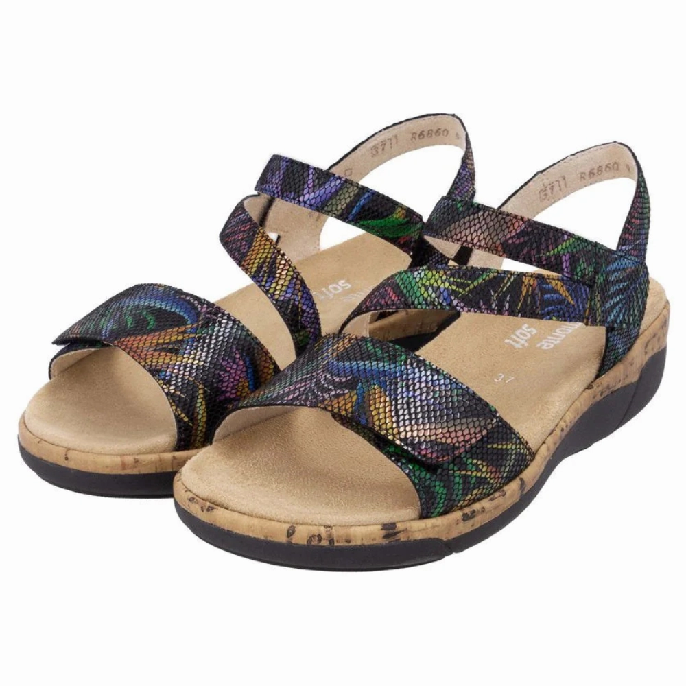 Wedge Comfortable Sandals Remonte Jocelyn 60 Black Multi Leather Sandal (Women's)