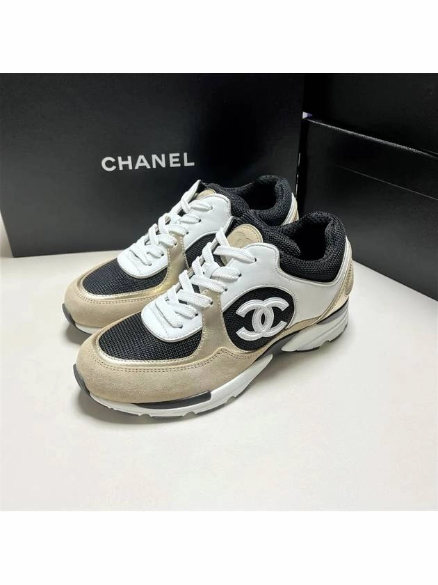 CC Logo Calfskin Fabric Low-Top Sneakers Beige Gold Chanel Brahma Sneakers