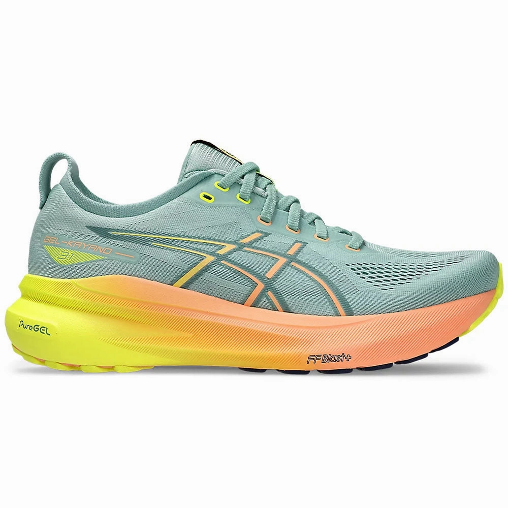 Asics Supersen Natural 80 Running Shoes Men's Asics Gel-Kayano 31 Paris, Light Celadon/Safety Yellow, 9.5 D Medium