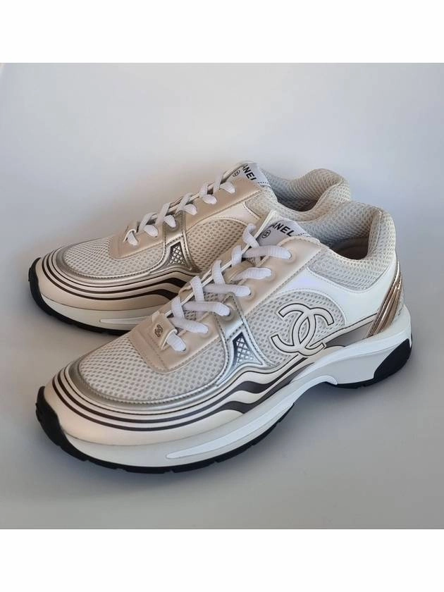 Women CC Logo Fabric Laminated Low Top Sneakers Silver Ivory Chanel Tanjun Sneakers