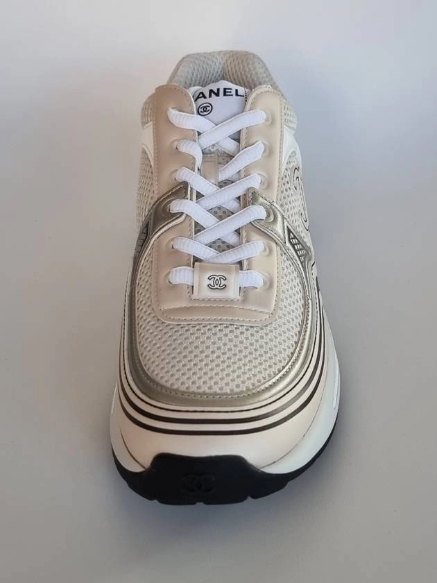 Panam Sneakers Women CC Logo Fabric Laminated Low Top Sneakers Silver Ivory Chanel