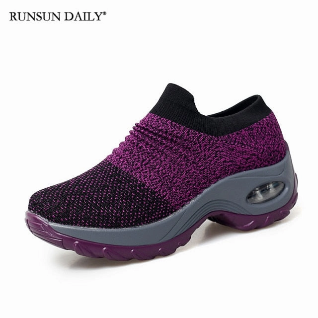 Women's Walking Shoes Fashion Air Cushion Thick Bottom Sneakers Slip-on Lightweight Breathable Casual Shoes Cold Weather Tennis Shoes